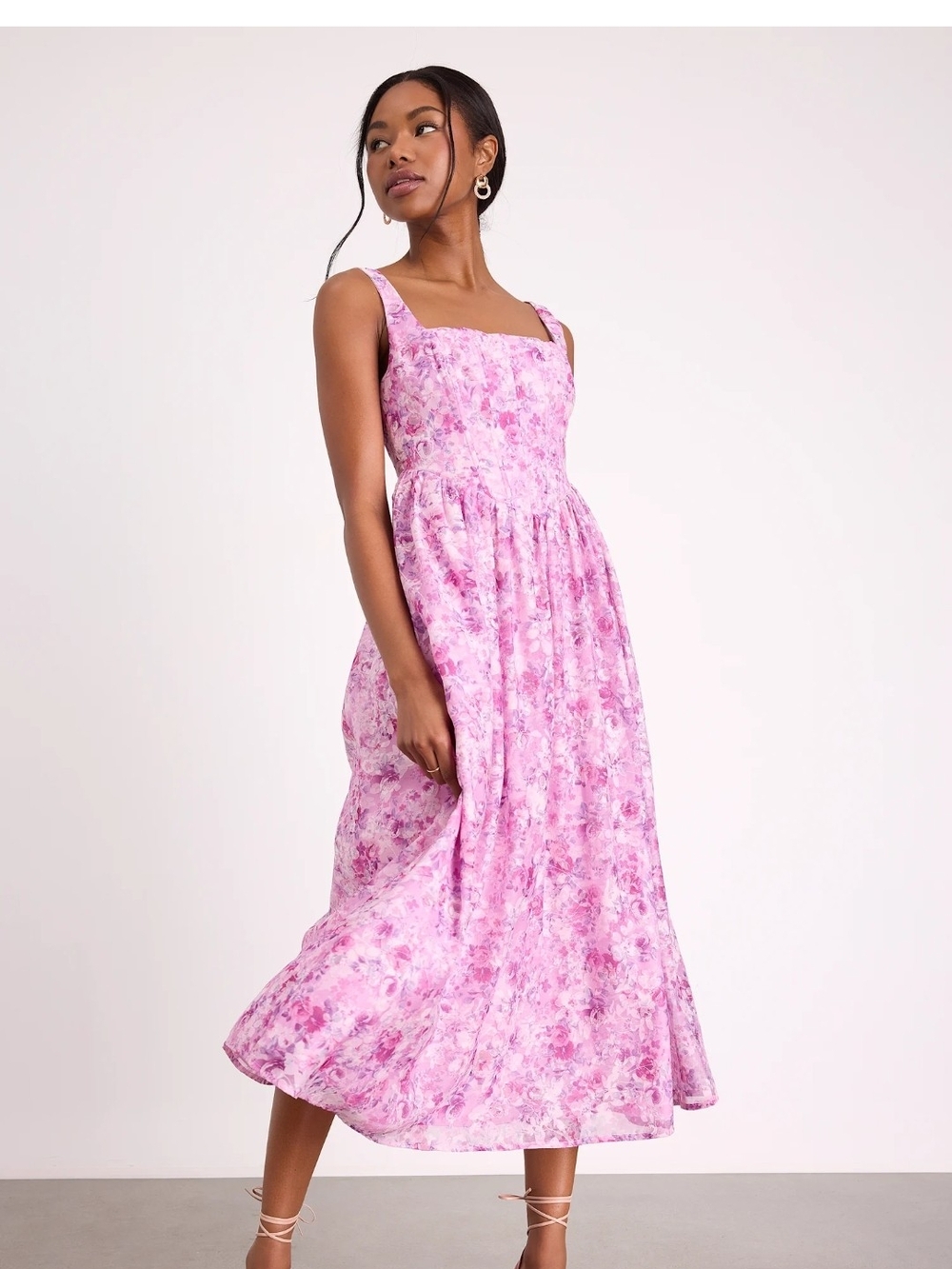 Lulu's Pink Floral Square-Neck Midi Dress